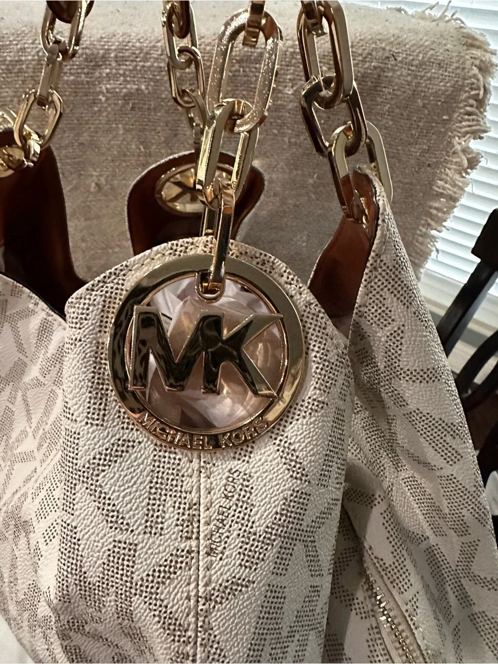 Michael Kors Cream MK Monogram Tote with Brown Trim